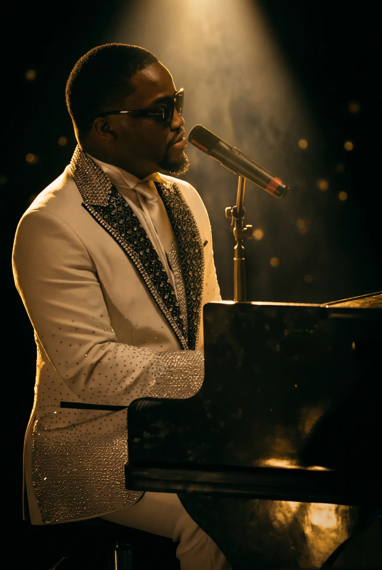 DeSean Kirkland performing at the piano under a spotlight