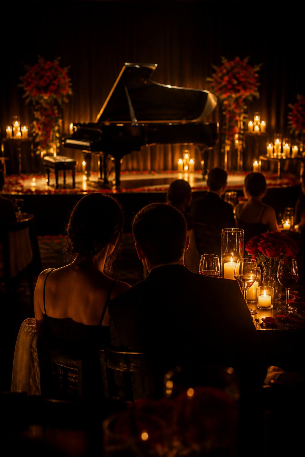 Couples seated at candlelit tables facing a grand piano on an intimate stage